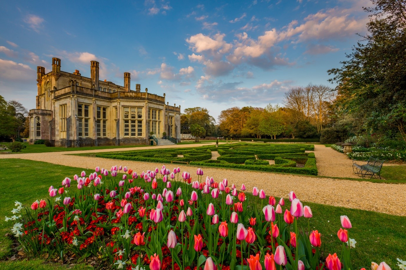 Highcliffe Castle with flowers at the front of the picture